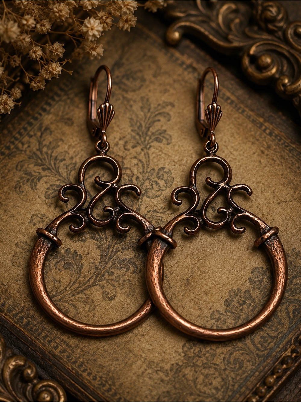 Copper Scrollwork Hoop Earrings - Statement Boho Jewelry - Picture 6 of 6